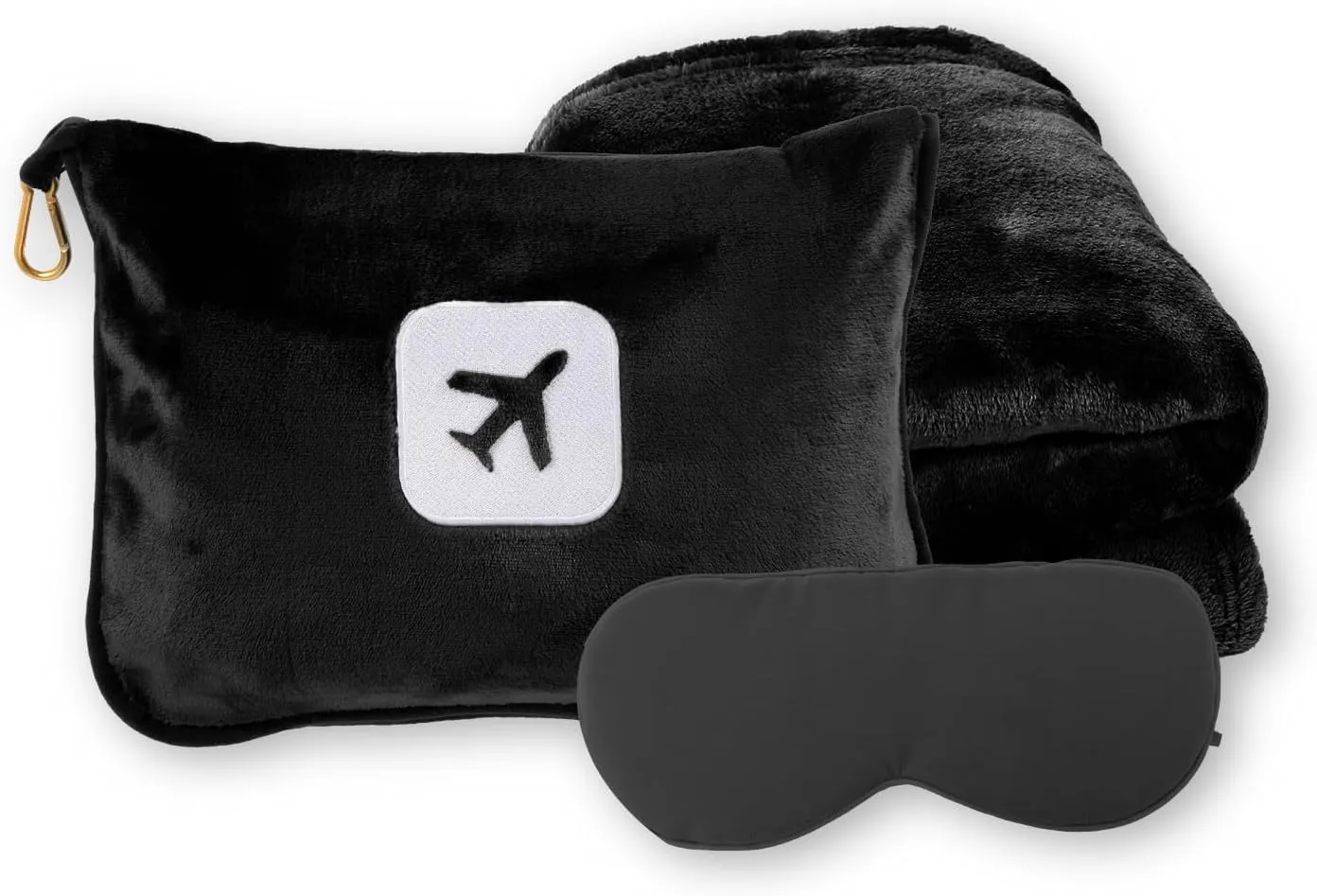 Portable Travel Blanket and Pillow - Premium Soft 2 in 1 Airplane Blanket with Compact Pack Soft Bag Pillowcase, Hand Luggage Sleeve and Backpack Clip (Black)
