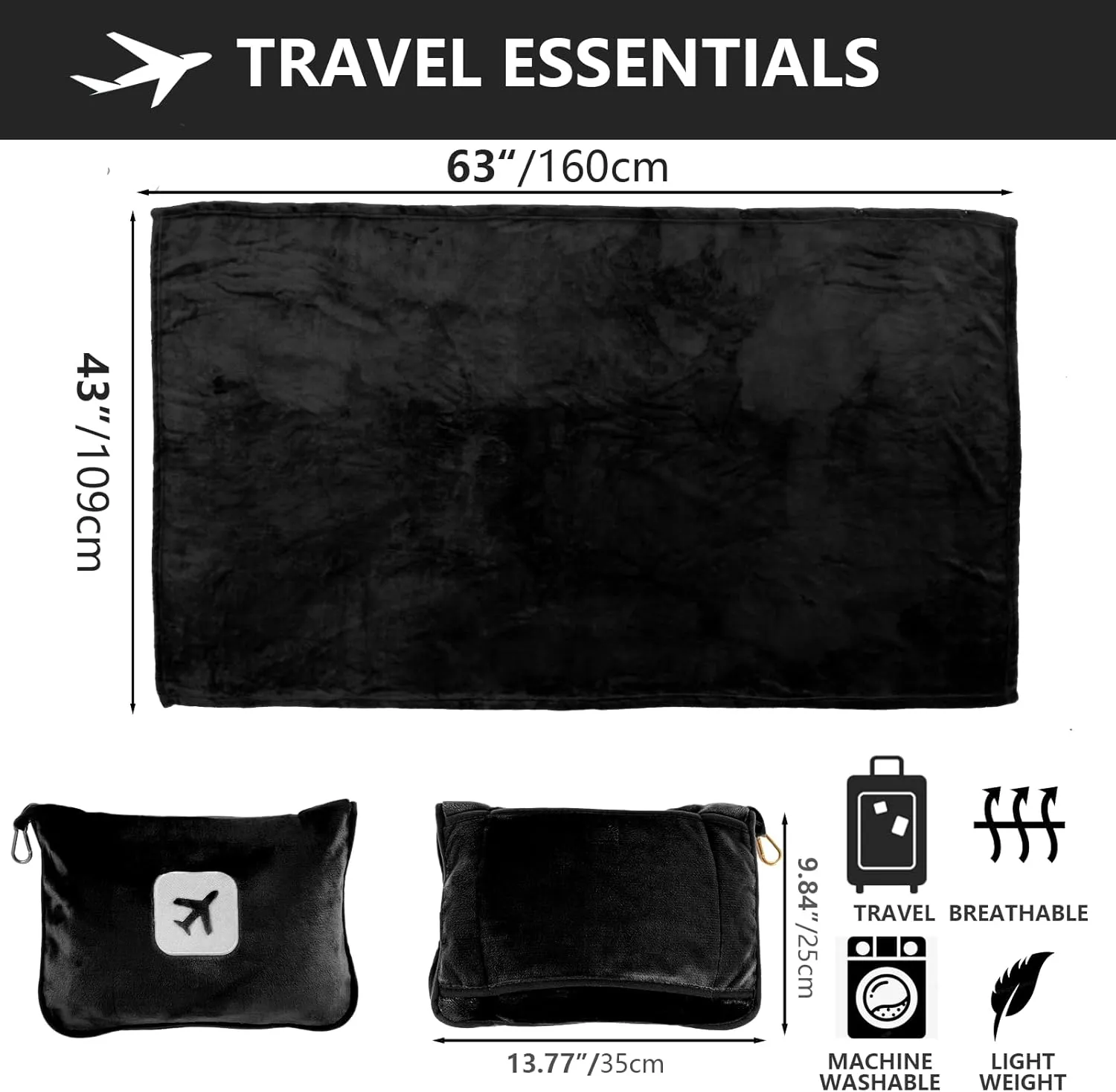 Portable Travel Blanket and Pillow - Premium Soft 2 in 1 Airplane Blanket with Compact Pack Soft Bag Pillowcase, Hand Luggage Sleeve and Backpack Clip (Black)
