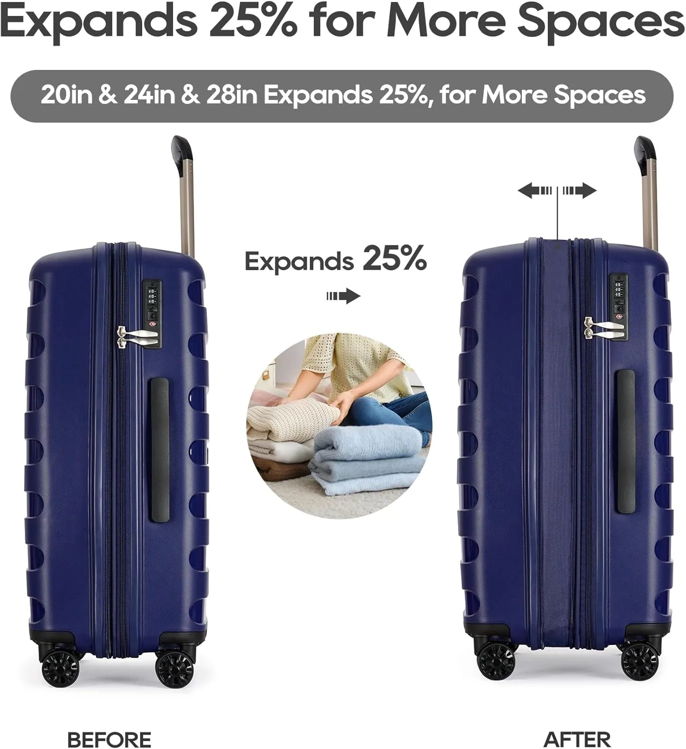 PP material 3-piece expandable luggage sets with Spinner Wheels， Suitcase with TSA Lock，Large Luggage for Family Travel carry on 20/24/28，Blue color