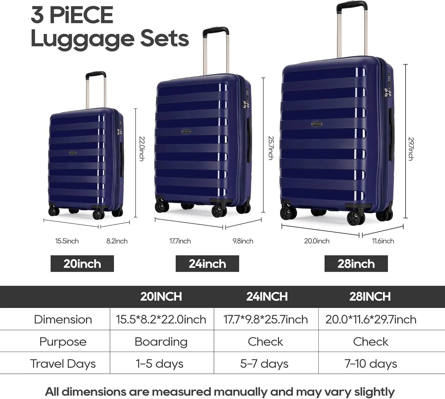 PP material 3-piece expandable luggage sets with Spinner Wheels， Suitcase with TSA Lock，Large Luggage for Family Travel carry on 20/24/28，Blue color