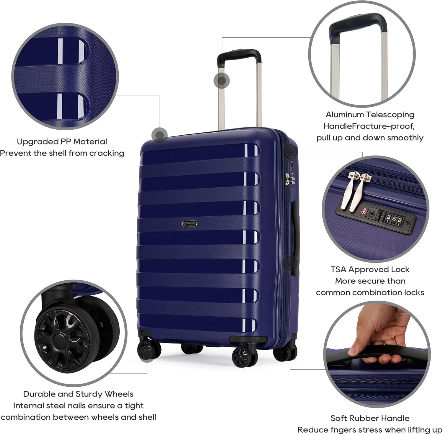 PP material 3-piece expandable luggage sets with Spinner Wheels， Suitcase with TSA Lock，Large Luggage for Family Travel carry on 20/24/28，Blue color