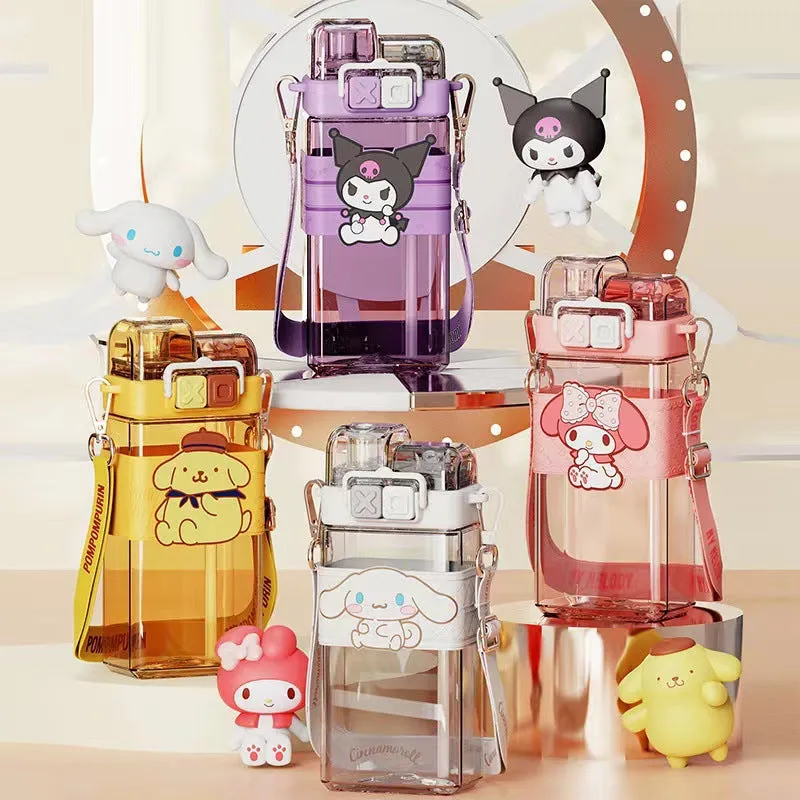 Premium Sanrio Cartoon Water Bottle – 520ML Double Drink Cup – Large Capacity Plastic Bottle for Students – Featuring Melody, Kuromi, Cinnamoroll & Onpompurin Characters – Cute and Functional Drinkware