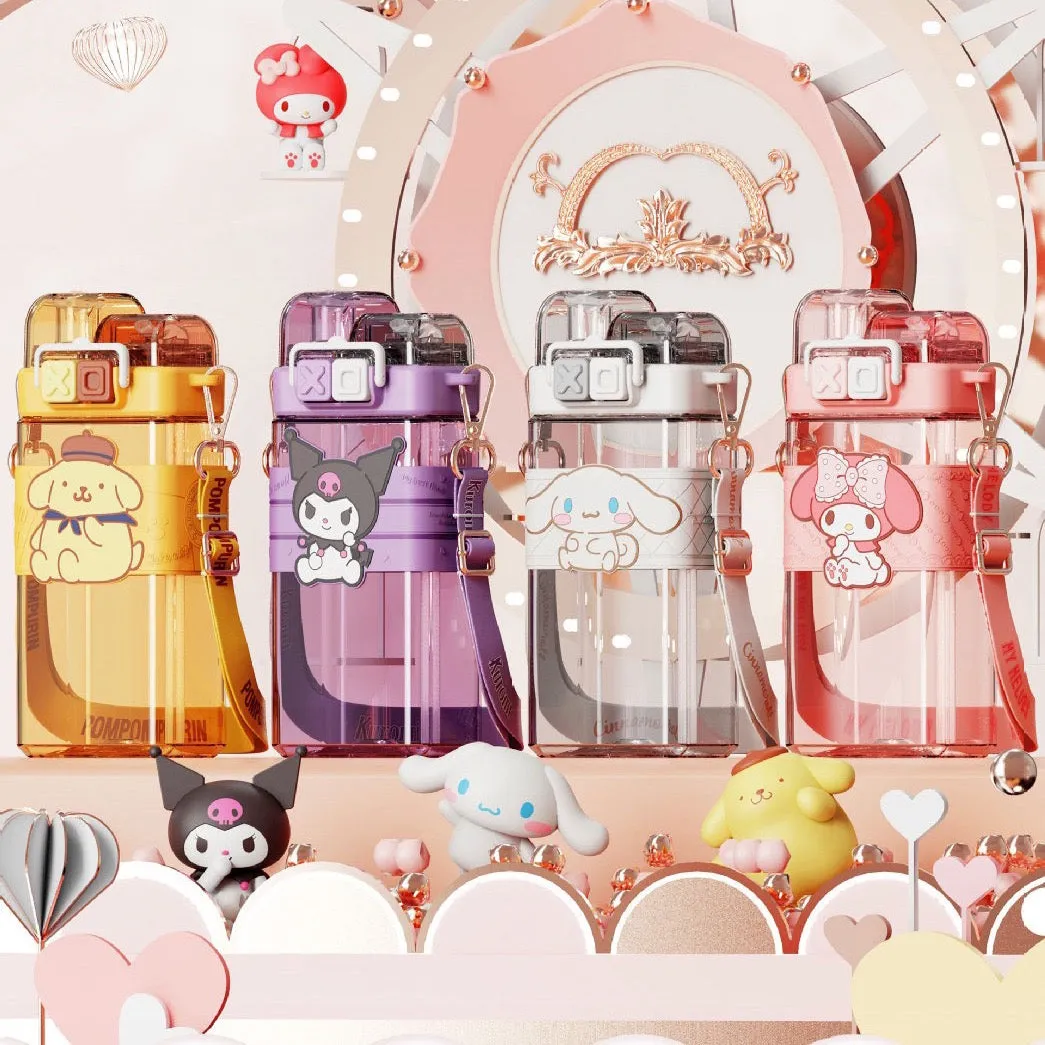 Premium Sanrio Cartoon Water Bottle – 520ML Double Drink Cup – Large Capacity Plastic Bottle for Students – Featuring Melody, Kuromi, Cinnamoroll & Onpompurin Characters – Cute and Functional Drinkware