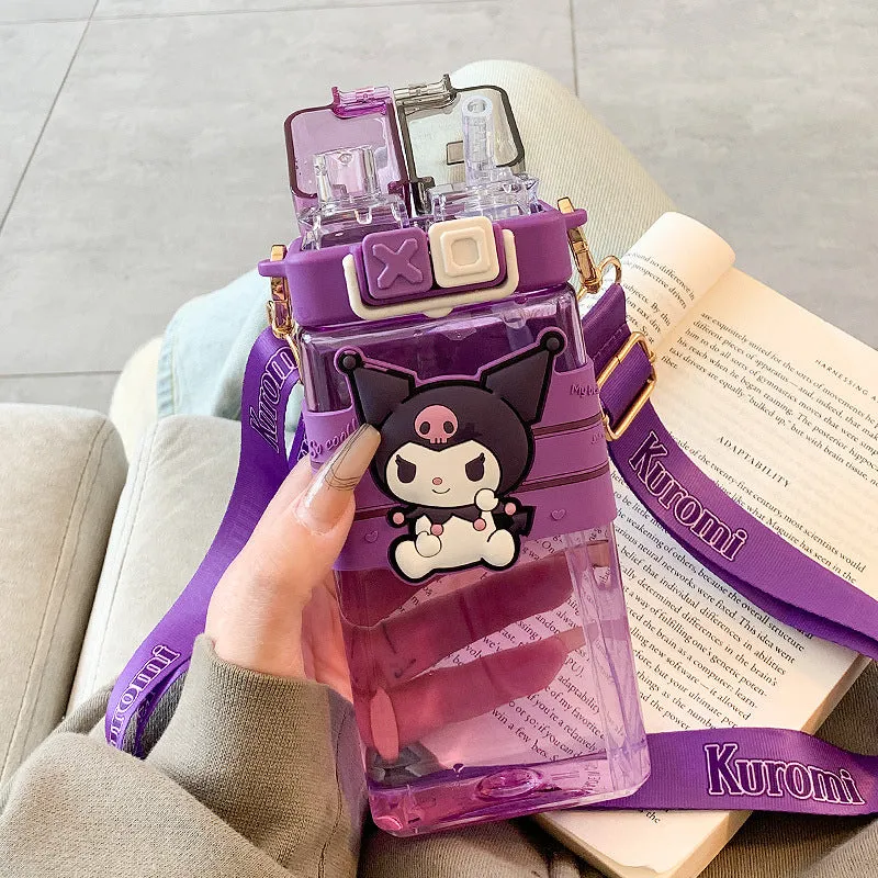 Premium Sanrio Cartoon Water Bottle – 520ML Double Drink Cup – Large Capacity Plastic Bottle for Students – Featuring Melody, Kuromi, Cinnamoroll & Onpompurin Characters – Cute and Functional Drinkware
