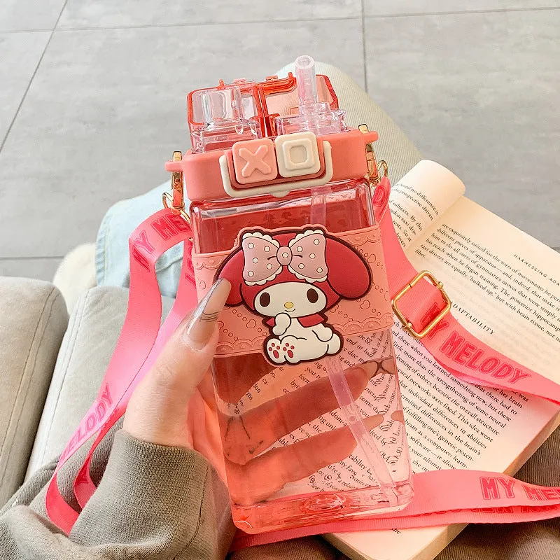Premium Sanrio Cartoon Water Bottle – 520ML Double Drink Cup – Large Capacity Plastic Bottle for Students – Featuring Melody, Kuromi, Cinnamoroll & Onpompurin Characters – Cute and Functional Drinkware