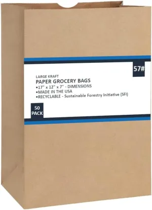 PrimeSaver Paper Grocery Bags - Brown Paper Grocery Bags 12 x 7 x 17 - Heavy Kraft Shopping Bags - Large Brown Paper Sacks Bulk - 57 Lb - 50 Pack