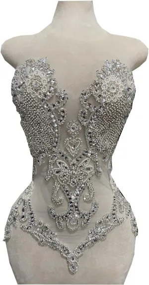 Pure Handmade Bodice lace Rhinestones Applique Sewing Stones Beads Crystal Trimming Patches Accessories for Weding Dress Decorations 13.7X22inches (Silver)