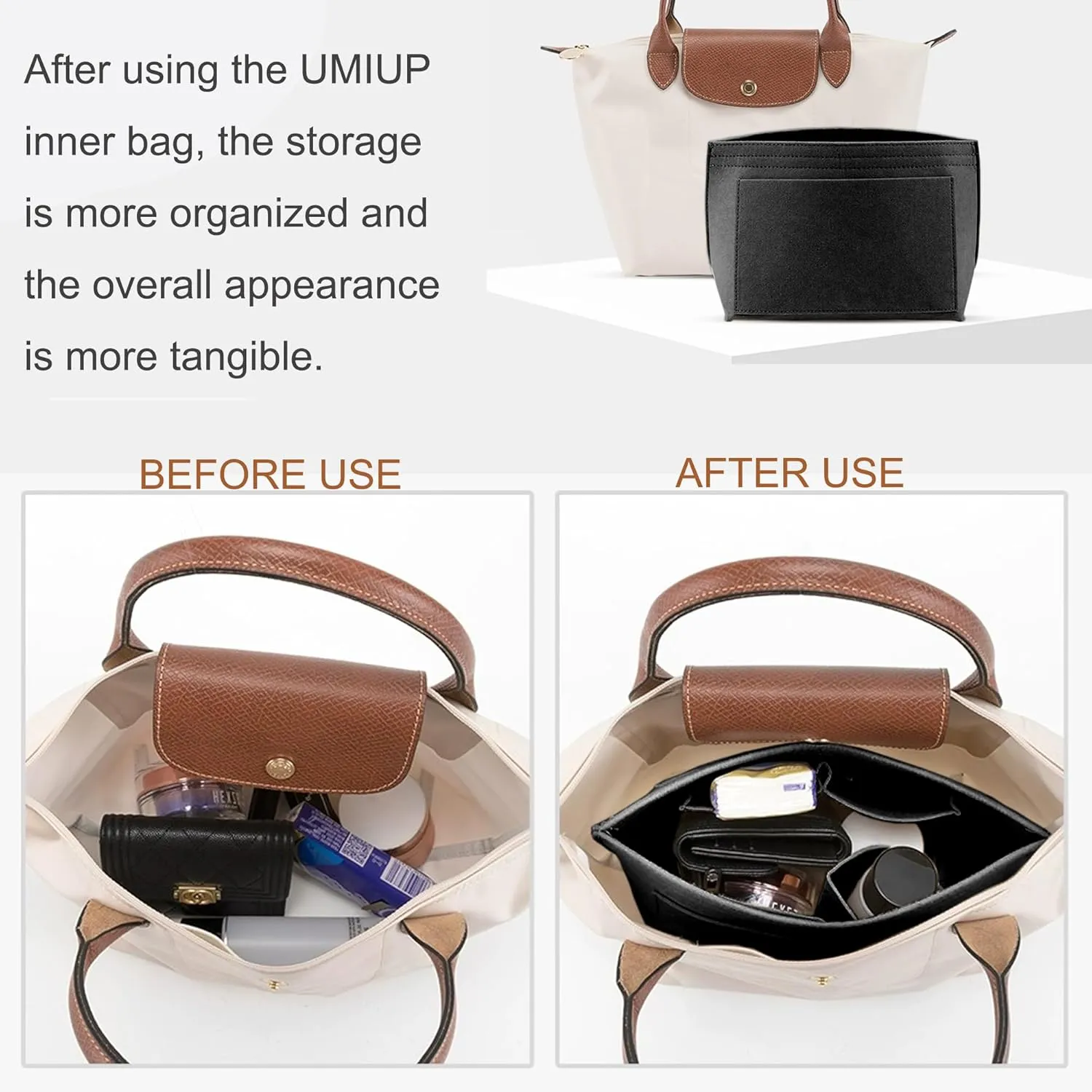 Purse Organizer Insert for Longchamp Le Pliage M Handbag Insert, Felt Handbag Organizer Insert Large Tote with Cup Holder, Bag Organizer with Zipper,8 Compartments(Black, M10.23*7.87*5.12in)