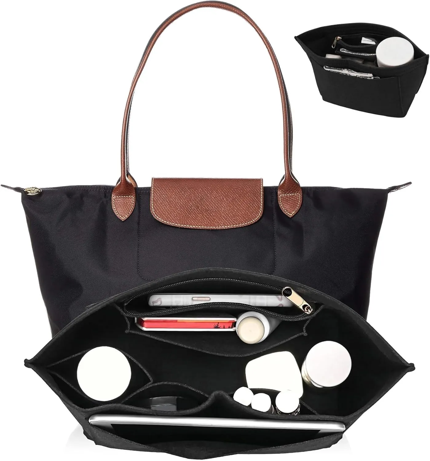 Purse Organizer Insert for Longchamp Le Pliage M Handbag Insert, Felt Handbag Organizer Insert Large Tote with Cup Holder, Bag Organizer with Zipper,8 Compartments(Black, M10.23*7.87*5.12in)