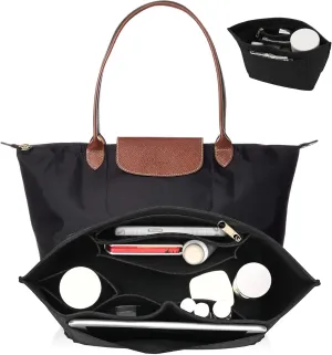 Purse Organizer Insert for Longchamp Le Pliage M Handbag Insert, Felt Handbag Organizer Insert Large Tote with Cup Holder, Bag Organizer with Zipper,8 Compartments(Black, M10.23*7.87*5.12in)