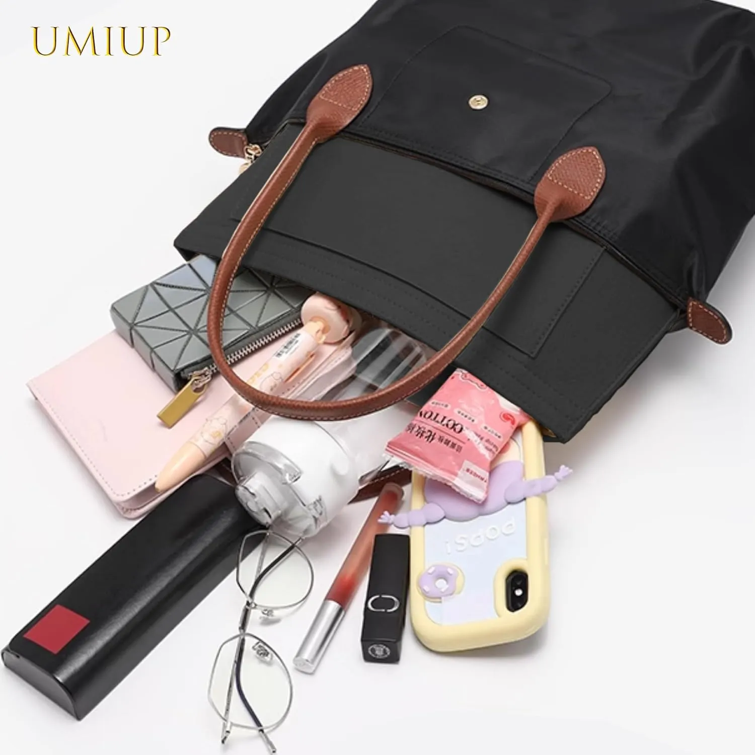 Purse Organizer Insert for Longchamp Le Pliage M Handbag Insert, Felt Handbag Organizer Insert Large Tote with Cup Holder, Bag Organizer with Zipper,8 Compartments(Black, M10.23*7.87*5.12in)