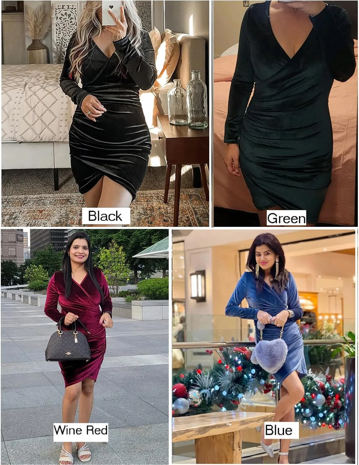 Qearal Womens Wrap V Neck Long Sleeve Velvet Bodycon Ruched Mini Party Cocktail Dress