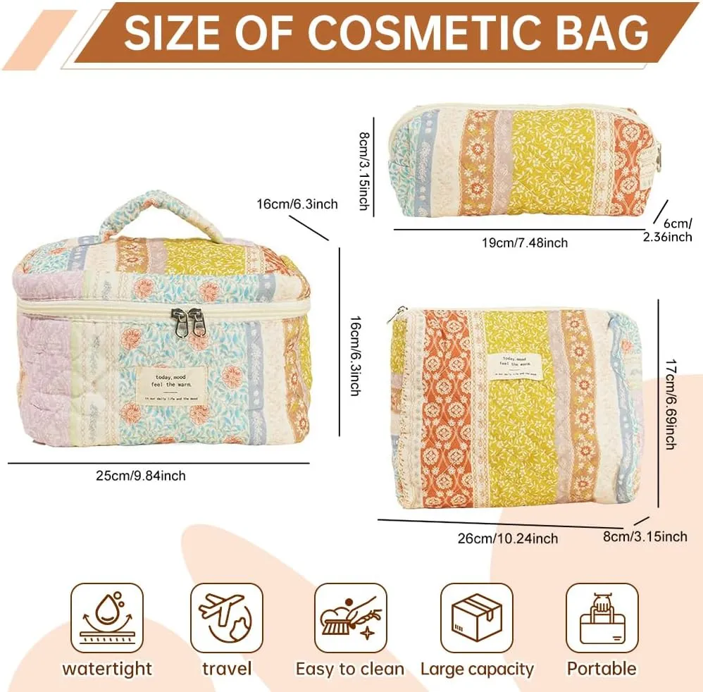 Quilted Makeup Bag Set, Cute Cotton Floral Cosmetic Bags, 3 in 1 Set, Travel Toiletry Organizer