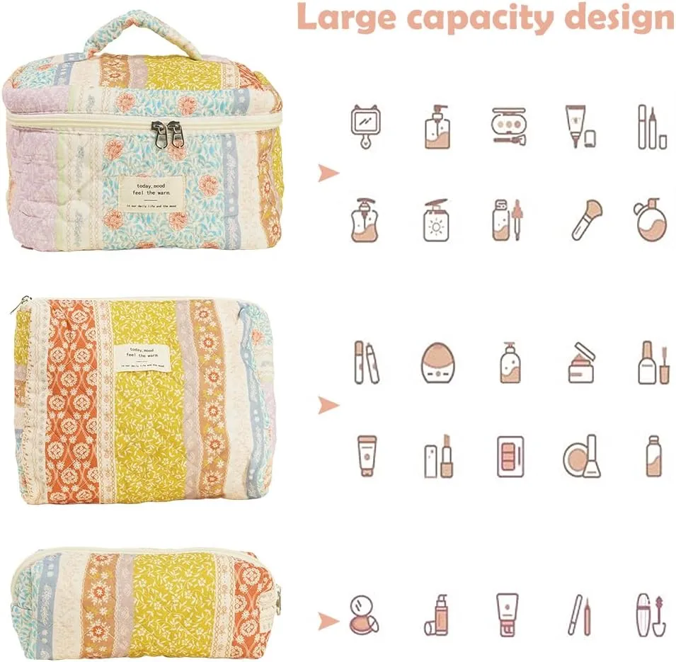 Quilted Makeup Bag Set, Cute Cotton Floral Cosmetic Bags, 3 in 1 Set, Travel Toiletry Organizer