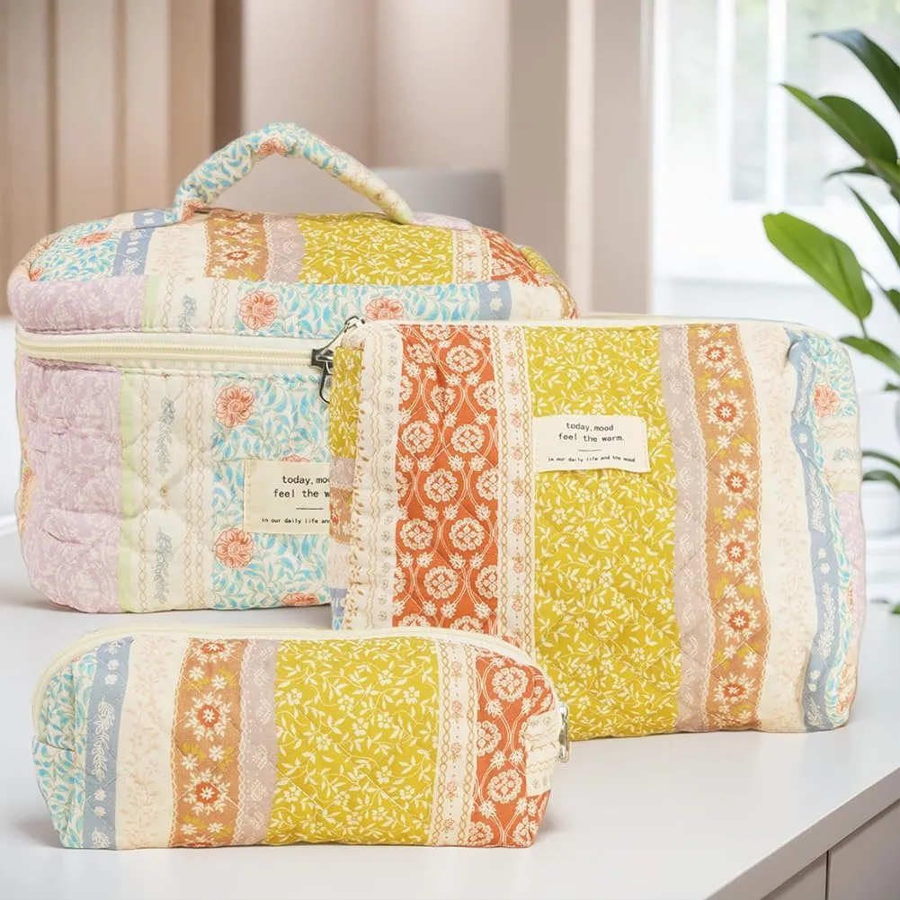 Quilted Makeup Bag Set, Cute Cotton Floral Cosmetic Bags, 3 in 1 Set, Travel Toiletry Organizer