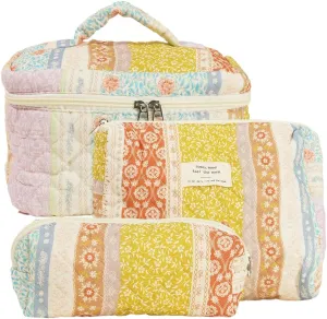 Quilted Makeup Bag Set, Cute Cotton Floral Cosmetic Bags, 3 in 1 Set, Travel Toiletry Organizer
