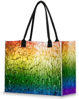 Rainbow Crack Beach Tote Bag for Women Large Compartment Reusable Grocery Shopping Bags Casual Shoulder Portable Tote Handbag for Travel Work Gym Daily