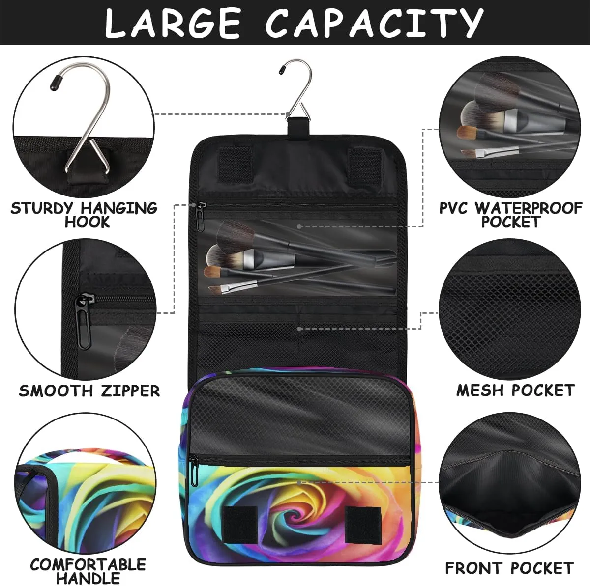 Rainbow Rose Makeup Bag Travel Cosmetic Bag with Zipper Pocket and Handle Travel Makeup Organizer Bag Water-resistant Toiletry Bags for Traveling Women Men Ladies Girls