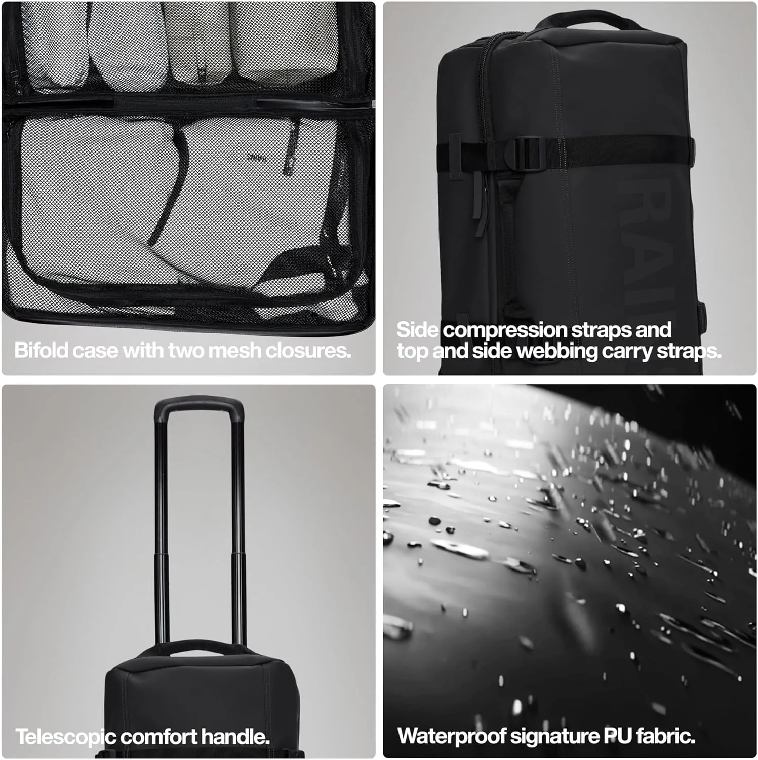 RAINS Texel Travel Bag, Waterproof Duffel Bag with Telescopic Handle and 2 Wheels, 2 Year Warranty - Ideal Travel Companion (Black, Check In)