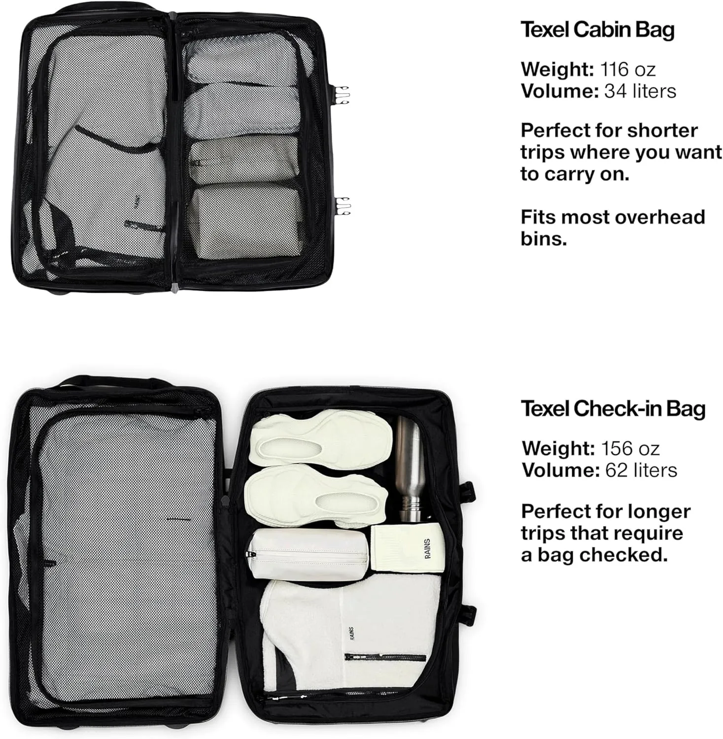 RAINS Texel Travel Bag, Waterproof Duffel Bag with Telescopic Handle and 2 Wheels, 2 Year Warranty - Ideal Travel Companion (Black, Check In)