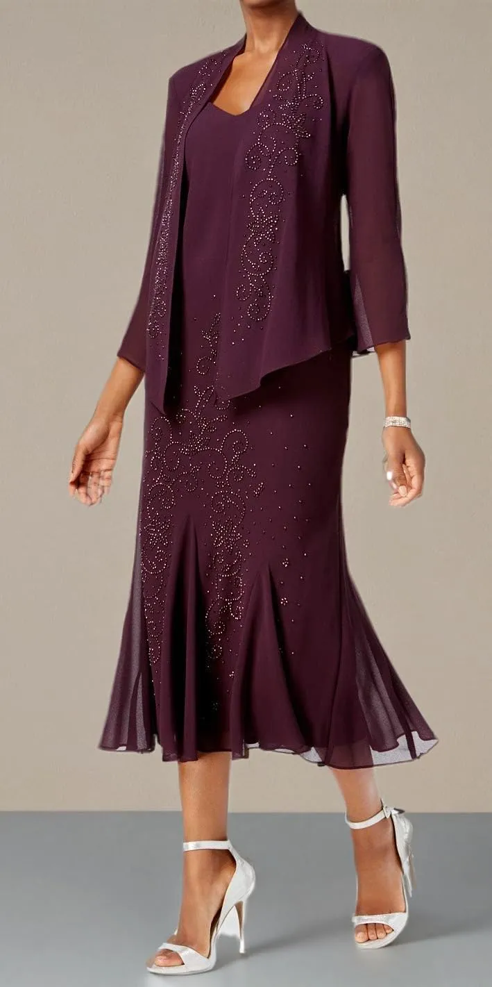 R&M Richards Womens Chiffon Beaded Dress with Jacket