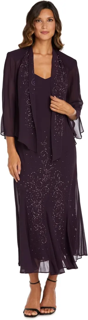 R&M Richards Womens Chiffon Beaded Dress with Jacket