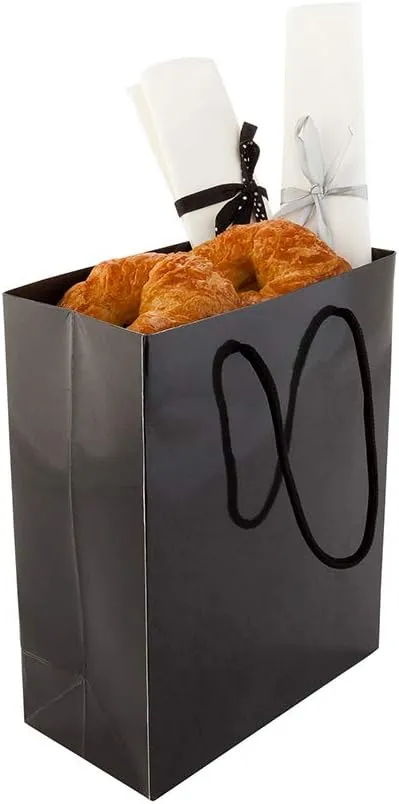 Restaurantware 9.5 Inch x 4 Inch Paper Shopping Bags 10 Glossy Finish Paper Party Bags - Rope Handles Cardboard Base Black Paper Gift Bags Reusable For Parties and Shopping