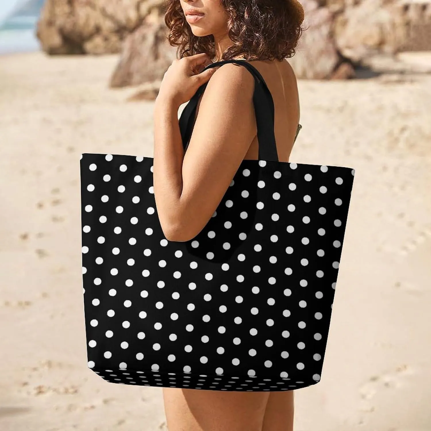 Retro Black White Polka Dots Pattern Tote Bag Reusable Grocery Bags for Groceries Capacity Heavy for Shopping