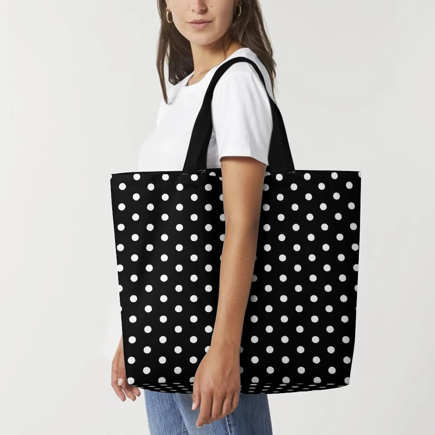 Retro Black White Polka Dots Pattern Tote Bag Reusable Grocery Bags for Groceries Capacity Heavy for Shopping