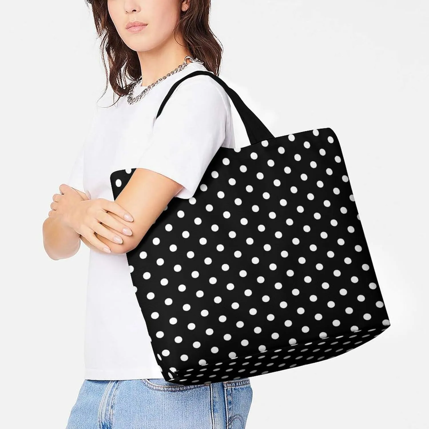 Retro Black White Polka Dots Pattern Tote Bag Reusable Grocery Bags for Groceries Capacity Heavy for Shopping