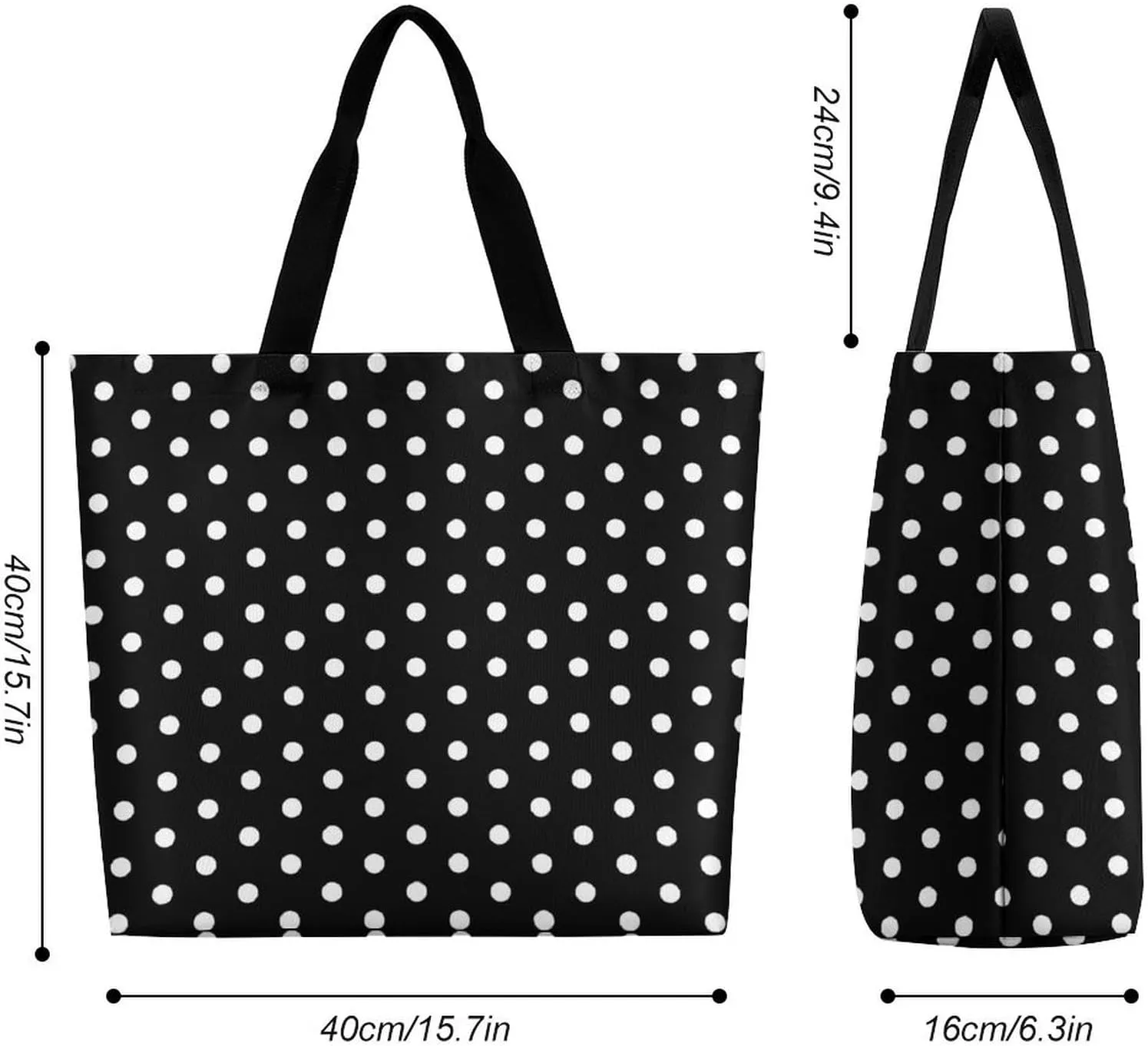 Retro Black White Polka Dots Pattern Tote Bag Reusable Grocery Bags for Groceries Capacity Heavy for Shopping
