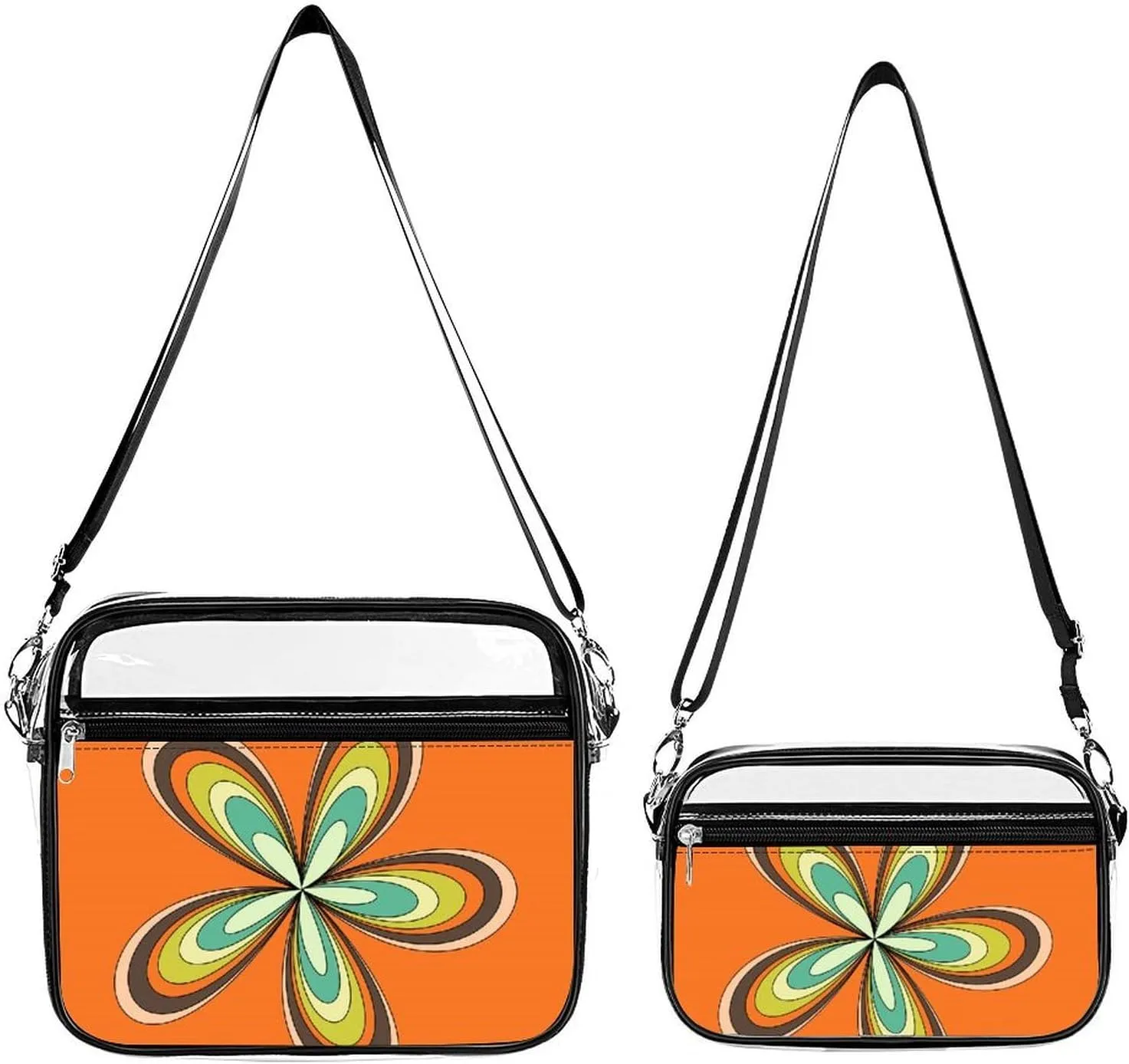 Retro Spring Hippie Flower Power Light Transparent Cross Bag Two-piece Set, Fashionable Transparent Bag