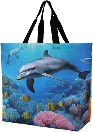 Reusable Grocery Bags,Dolphin in The Coral Reef Print Tote Bag,reusable Shopping Bags,unisex Portable Shoppers Bag for Work,Travel,Shopping