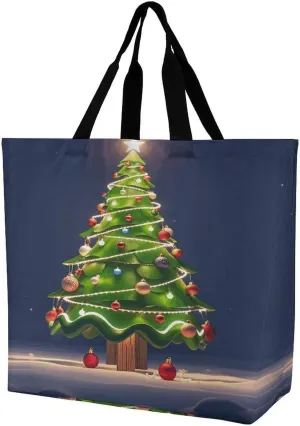 Reusable Grocery Shopping Cloth Bags Christmas Tree Print Shoulder Tote Bag Fashionable Tote Handbag for Work Beach Travel Shopping