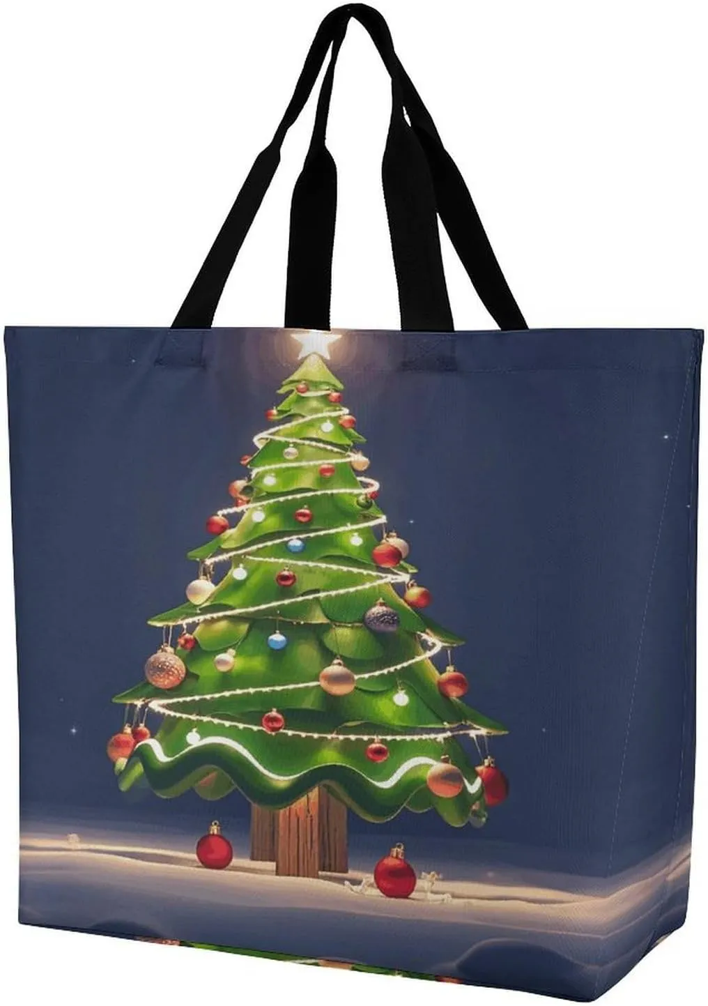 Reusable Grocery Shopping Cloth Bags Christmas Tree Print Shoulder Tote Bag Fashionable Tote Handbag for Work Beach Travel Shopping