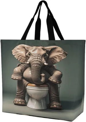 Reusable Grocery Shopping Cloth Bags Elephant Sitting on The Toilet Print Shoulder Tote Bag Fashionable Tote Handbag for Work Beach Travel Shopping