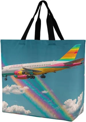 Reusable Grocery Shopping Cloth Bags Fantasy Rainbow Plane Print Shoulder Tote Bag Fashionable Tote Handbag for Work Beach Travel Shopping