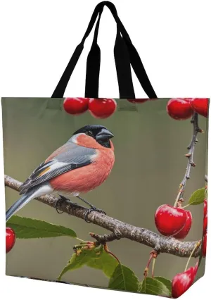 Reusable Grocery Shopping Cloth Bags Finch with Cherry Print Shoulder Tote Bag Fashionable Tote Handbag for Work Beach Travel Shopping