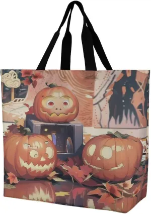 Reusable Grocery Shopping Cloth Bags Halloween Pumpkin Print Shoulder Tote Bag Fashionable Tote Handbag for Work Beach Travel Shopping