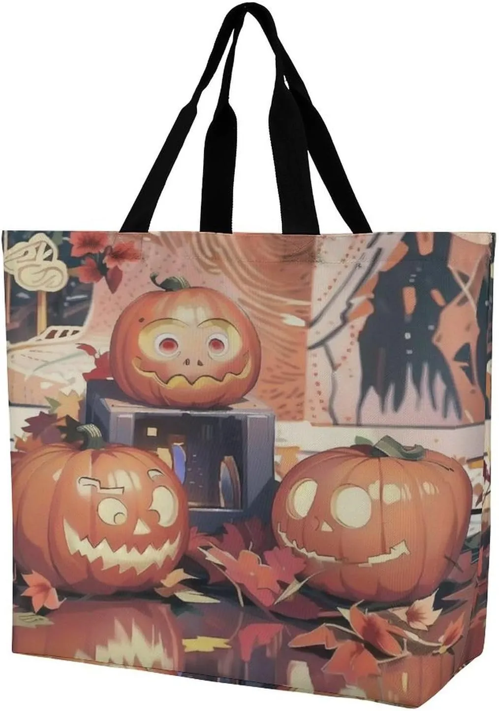 Reusable Grocery Shopping Cloth Bags Halloween Pumpkin Print Shoulder Tote Bag Fashionable Tote Handbag for Work Beach Travel Shopping