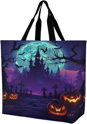 Reusable Grocery Shopping Cloth Bags Horror Forest Castle Print Shoulder Tote Bag Fashionable Tote Handbag for Work Beach Travel Shopping