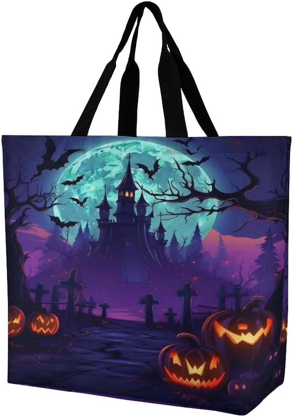 Reusable Grocery Shopping Cloth Bags Horror Forest Castle Print Shoulder Tote Bag Fashionable Tote Handbag for Work Beach Travel Shopping
