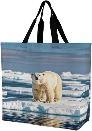 Reusable Grocery Shopping Cloth Bags Polar Bear on Ice Floe Print Shoulder Tote Bag Fashionable Tote Handbag for Work Beach Travel Shopping