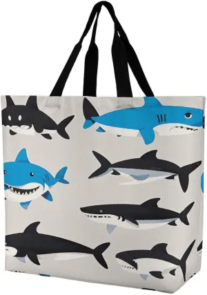Reusable Grocery Shopping Cloth Bags Shark Pattern Group Print Shoulder Tote Bag Fashionable Tote Handbag for Work Beach Travel Shopping