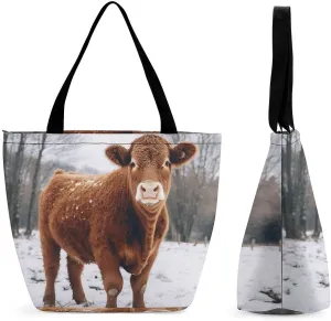 Reusable Shopping Bags for Women Large Grocery Bags Travel Tote Bags Cow in The Snow Shoulder Bag for Work