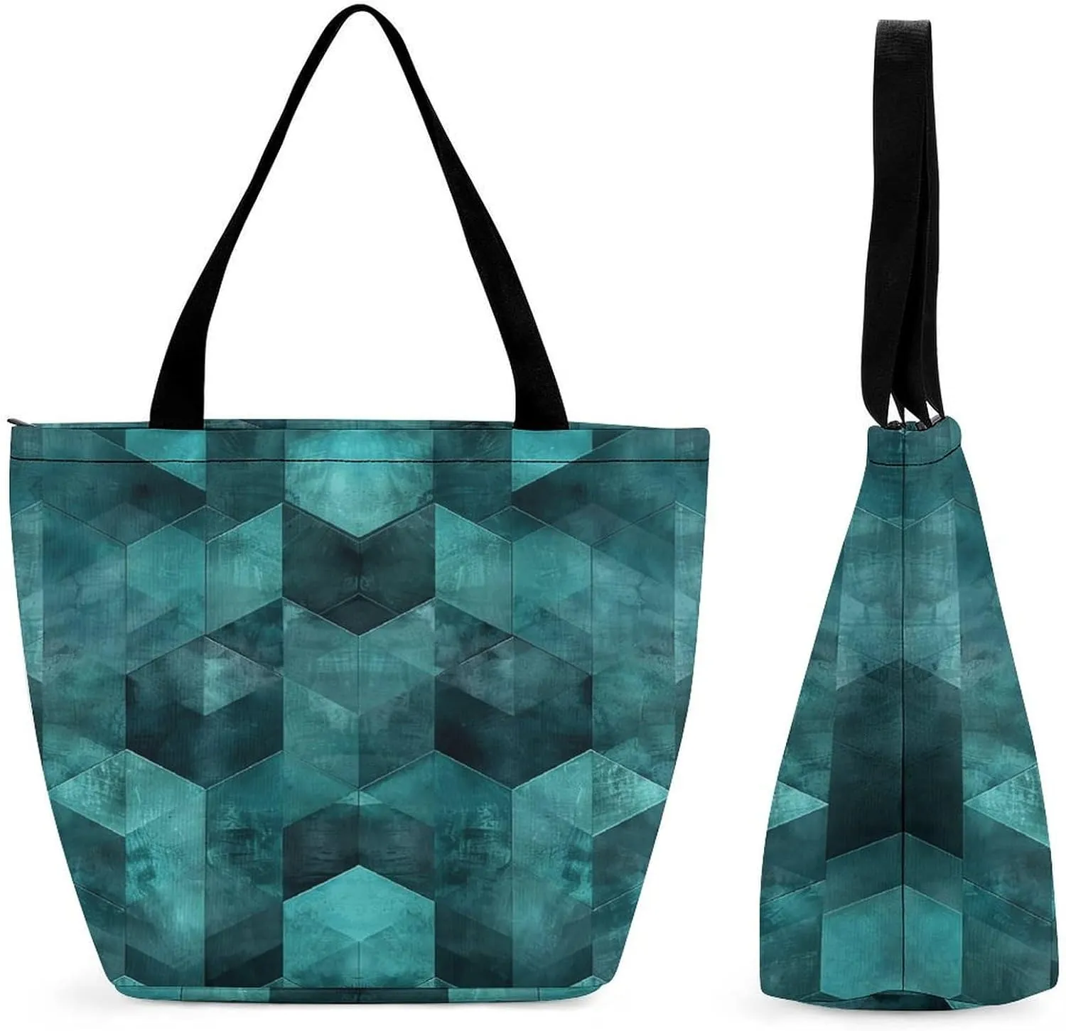 Reusable Shopping Bags for Women Large Grocery Bags Travel Tote Bags Cyan Geometric Pattern Shoulder Bag for Work