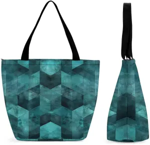 Reusable Shopping Bags for Women Large Grocery Bags Travel Tote Bags Cyan Geometric Pattern Shoulder Bag for Work