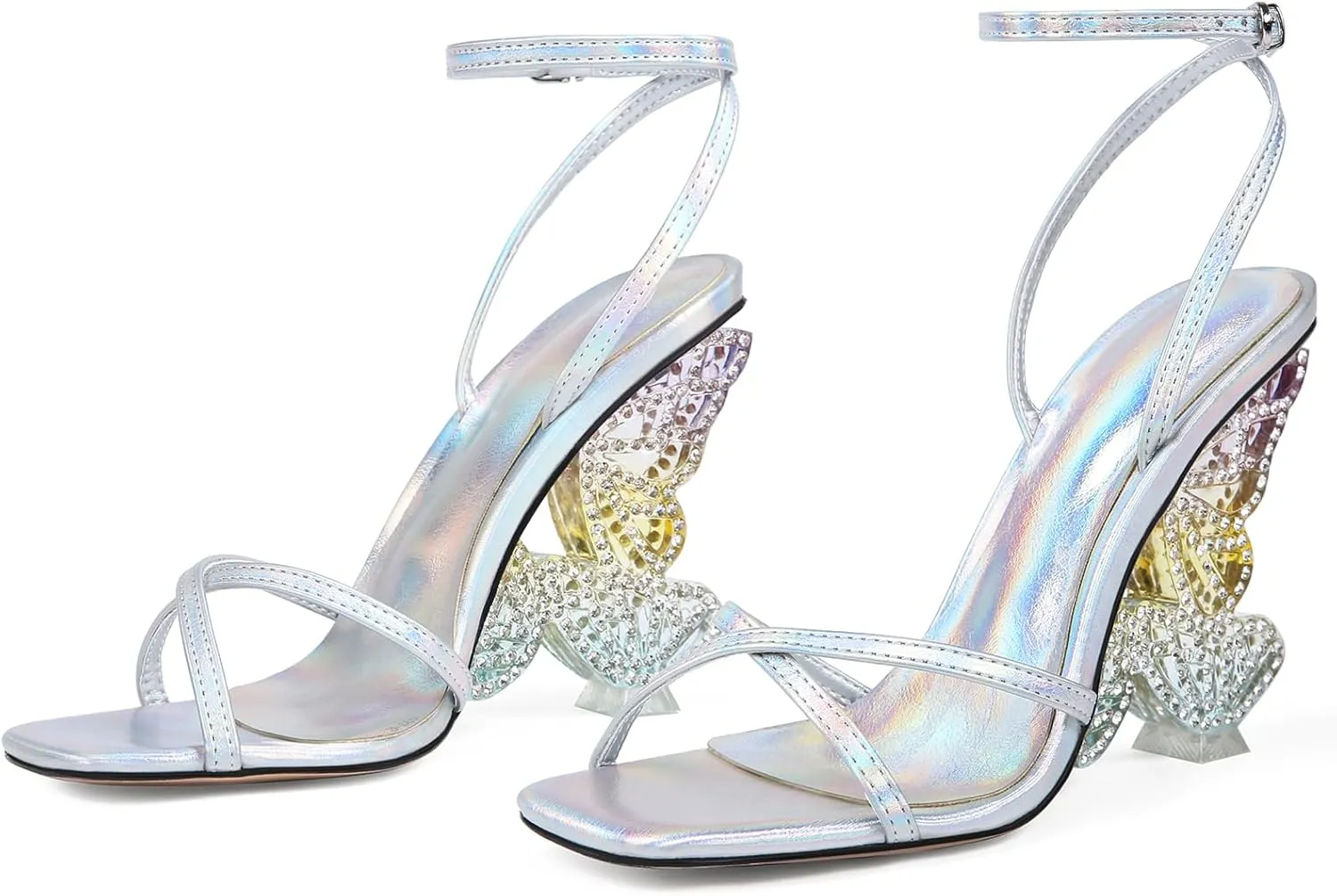 Rhinestone Butterfly High Heels for Women - Open Round Toe Stiletto Heel Sandals with Ankle Wrap Buckle Wedding,Prom,Evening Dressy Shoes