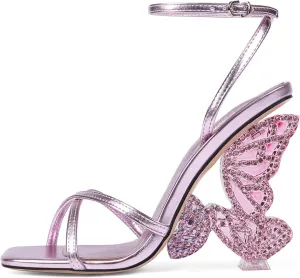 Rhinestone Butterfly High Heels for Women - Open Round Toe Stiletto Heel Sandals with Ankle Wrap Buckle Wedding,Prom,Evening Dressy Shoes