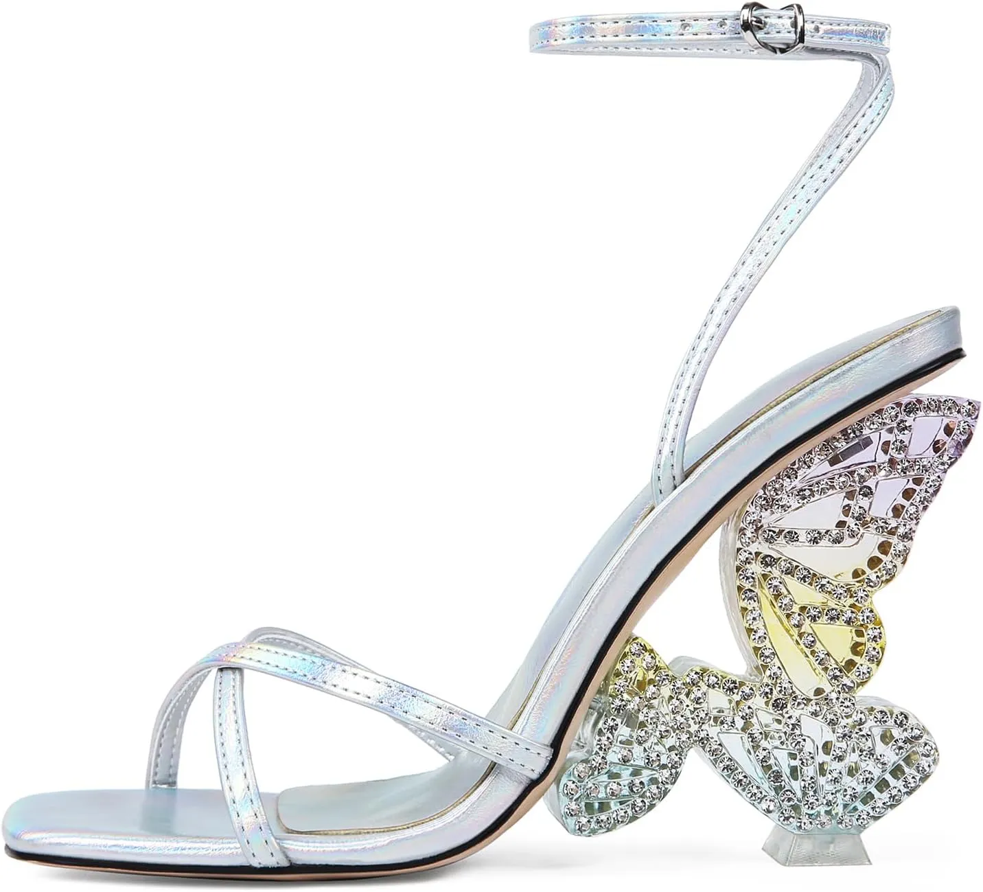 Rhinestone Butterfly High Heels for Women - Open Round Toe Stiletto Heel Sandals with Ankle Wrap Buckle Wedding,Prom,Evening Dressy Shoes